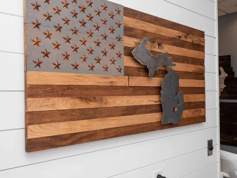 A wooden flag with the state of Michigan